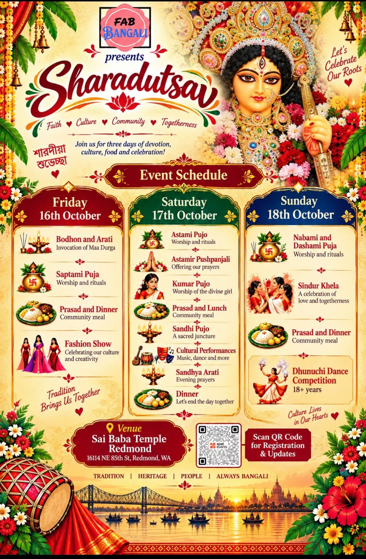 Fab Bangali Sharadutsav 2026 event schedule flyer: Friday 16th, Saturday 17th and Sunday 18th October at Sai Baba Temple Redmond